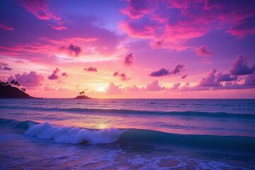 Naklejka premium Sunset over ocean pink purple blue sky island waves