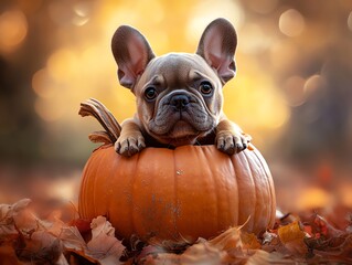 Puppy in Pumpkin Portrait Cute French Bulldog Autumn Scene
