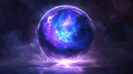 Obraz premium An ancient magic sphere with a glowing galaxy inside, soft blue and purple light illuminating the surroundings, deep space fantasy theme