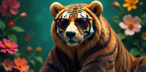 A Cool Bear with Tiger Stripes Sporting Trendy Sunglasses Amidst Vibrant Blossoms