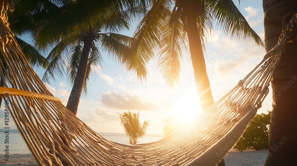 Poster serene sunset over tropical beach with hammock relaxing in warm sunlight : generative ai
