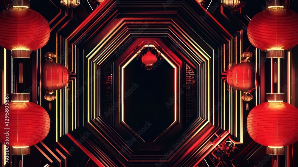 Poster festive lanterns and geometry: a visually rich composition features a central dark space framed by a