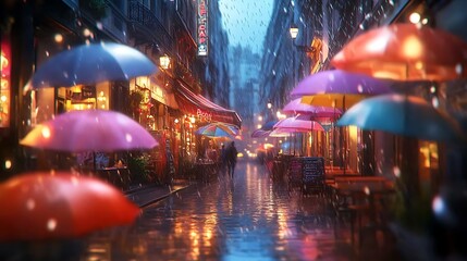 Obraz premium A dreamy anime-style Parisian street in the rain, colorful umbrellas filling the scene, soft rain droplets visible against warm café lights, with blurred figures creating a lively yet serene ambiance.