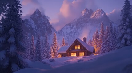 Fototapeta premium Cozy Cabin Nestled in Snowy Mountain Winter Wonderland