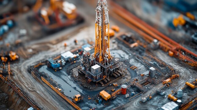 A hydraulic fracturing site features advanced drilling and pumping equipment actively engaged in extracting natural resources. The site is complex and densely organized