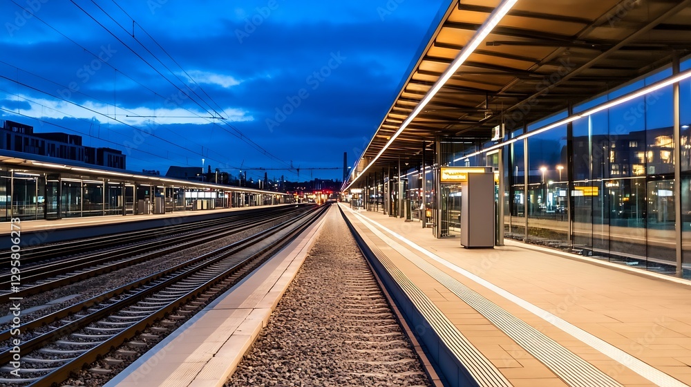Poster train station platform illuminated at night with a dramatic sky : generative ai