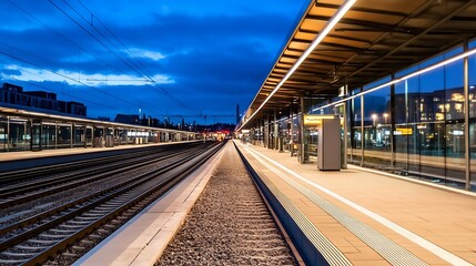 Obraz premium Train station platform illuminated at night with a dramatic sky : Generative AI