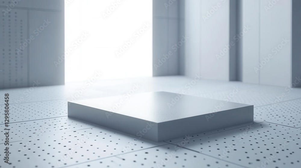 Poster minimalist white studio with empty display platform in modern architectural interior space for produ