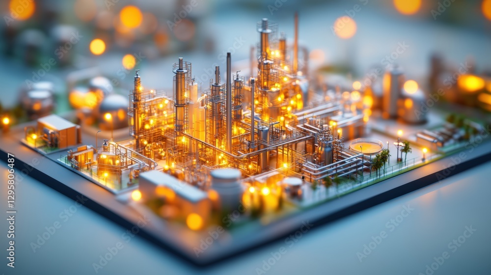 Poster detailed model of a cityscape illuminated with lights showcasing architectural features and layout