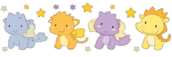 Obraz premium Cute cartoon animals featuring colorful dragons with cheerful expressions, surrounded by stars and playful shapes. Perfect for stickers or children decor