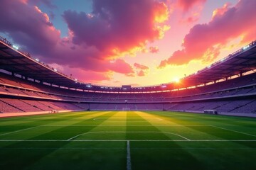 Empty Stadium at Sunset A Dramatic View of a Lush Green Field Ready for the Game