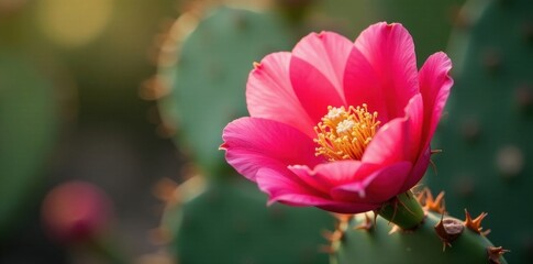 Vibrant prickly pear blossom, delicate petals , opuntia, pink, plant