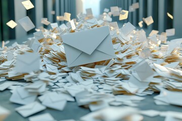 Overwhelmed by Mail Streamline Your Communications A Conceptual Image Showcasing a Deluge of Envelopes and Paper, Representing Information Overload, Bureaucracy, and the Need for Efficient