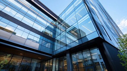 Contemporary Architectural Design of a Glass Fa&ccedil;ade Office Building with Green Space : Generative AI