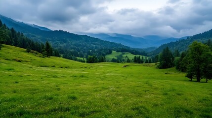 Breathtaking lush green meadow surrounded by mountains under cloudy sky : Generative AI