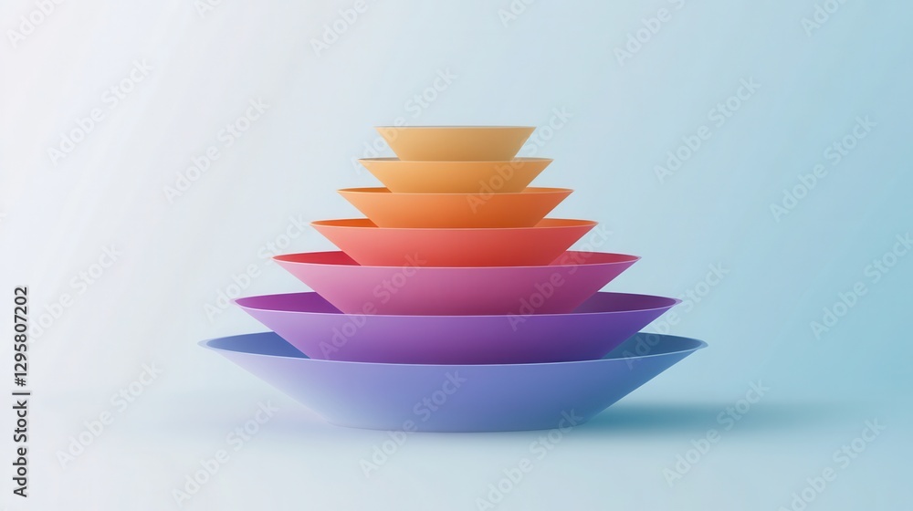 Poster colorful gradation of nested bowls stacked in an aesthetic arrangement on a soft background for crea