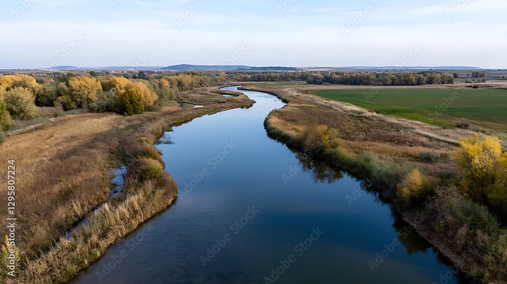 Poster serene river landscape with lush greenery and calm waters in wide aerial view : generative ai
