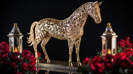 A beautiful golden paper-cut horse surrounded by red flowers and lanterns, symbolizing good fortune, happiness, and prosperity in the Year of the Horse, celebrating Chinese tradition and culture.