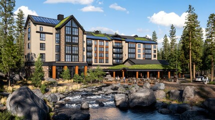 Modern lodge nestled by a serene river, surrounded by tall trees and rocky landscape