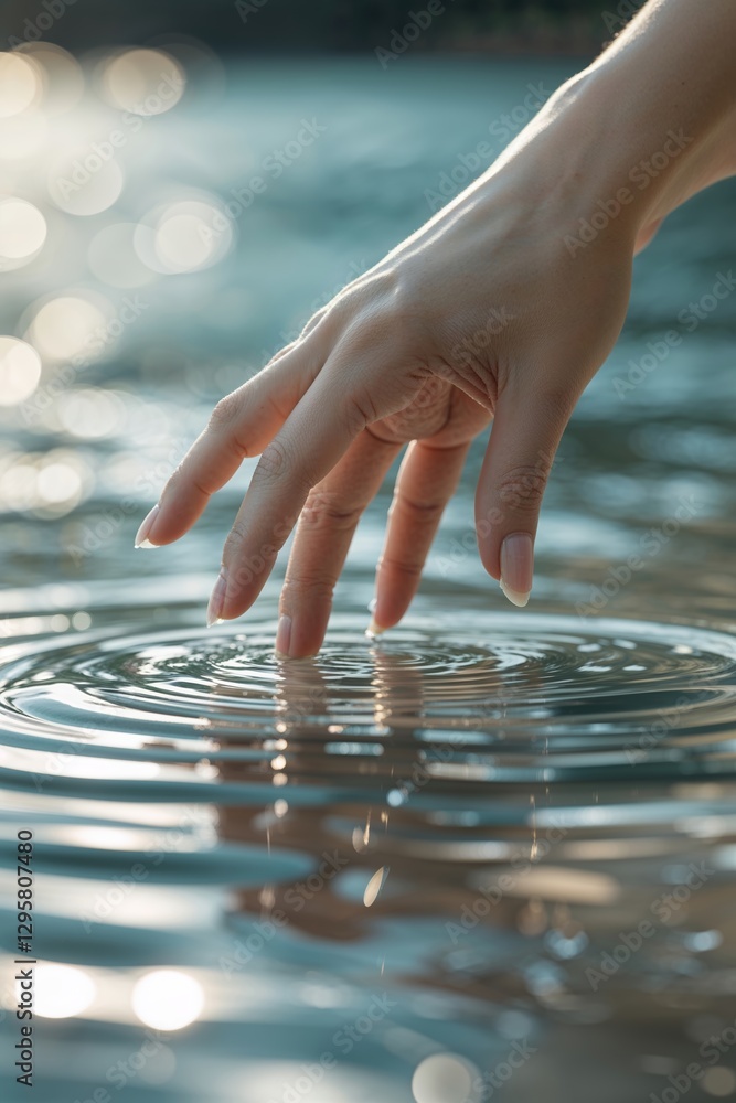 Poster hand gently touching water surface, creating ripples and reflections in a serene setting during dayl