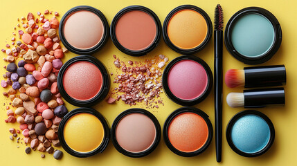 Colorful collection of cosmetic powders arranged on a bright yellow surface with brushes and gemstones. Generative AI
