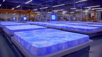 Modern manufacturing facility showcasing multiple blue-patterned mattresses on assembly line