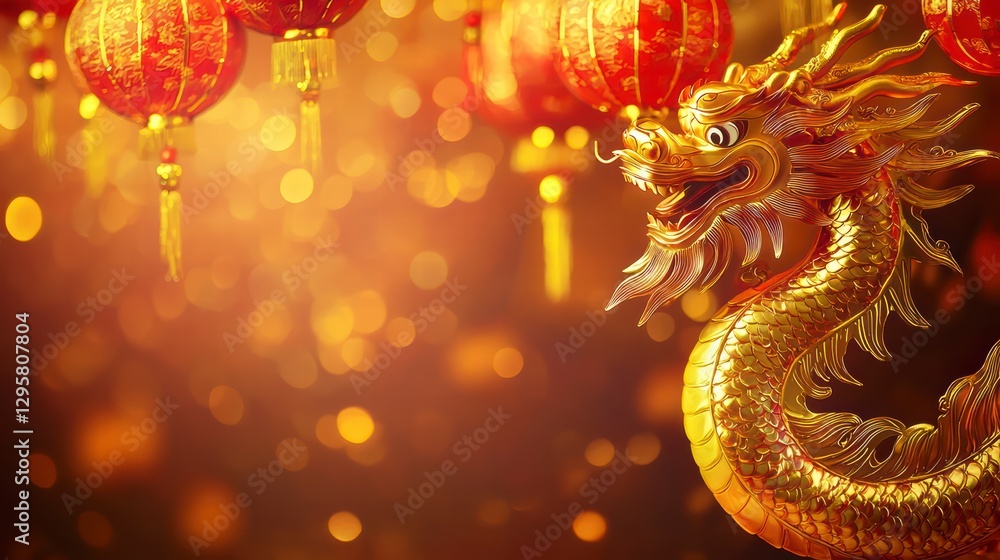 Poster golden dragon's festive dance: capturing a dazzling display featuring a majestic golden dragon amids