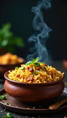 Fragrant aromas rising from the terracotta bowl of biryani, fragrance, savory, basmati