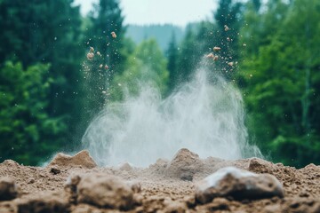 Dust cloud rising from a disturbed ground in a forest during the day