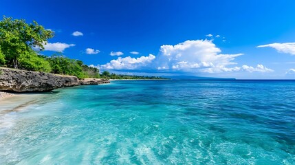 Fototapeta premium Stunning tropical beach with clear blue water and vibrant green trees against a bright sky : Generative AI