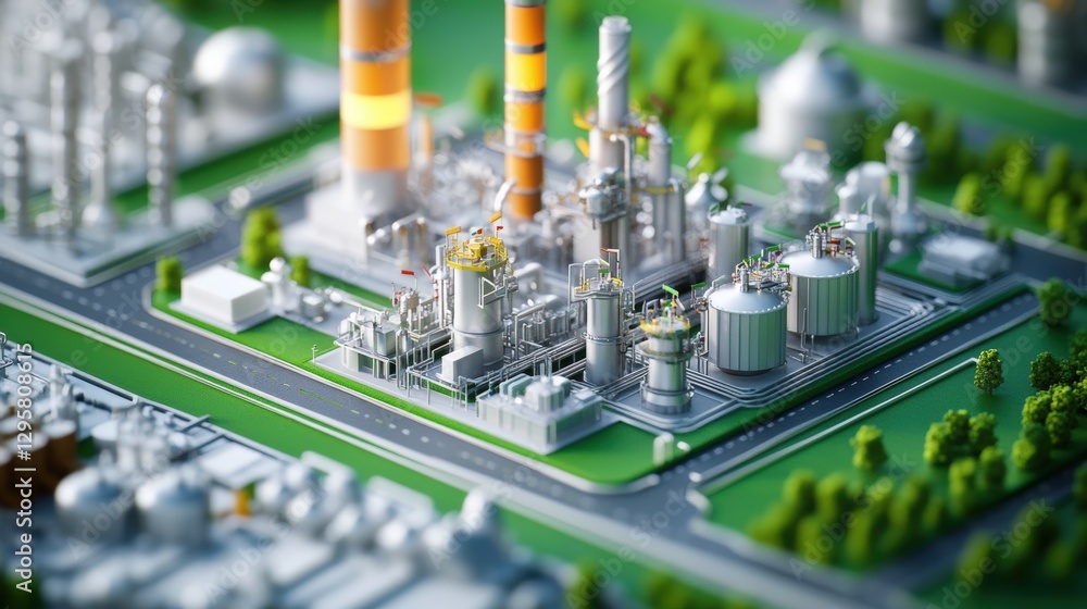 Poster model of a factory surrounded by numerous trees and natural landscape elements in a detailed setting