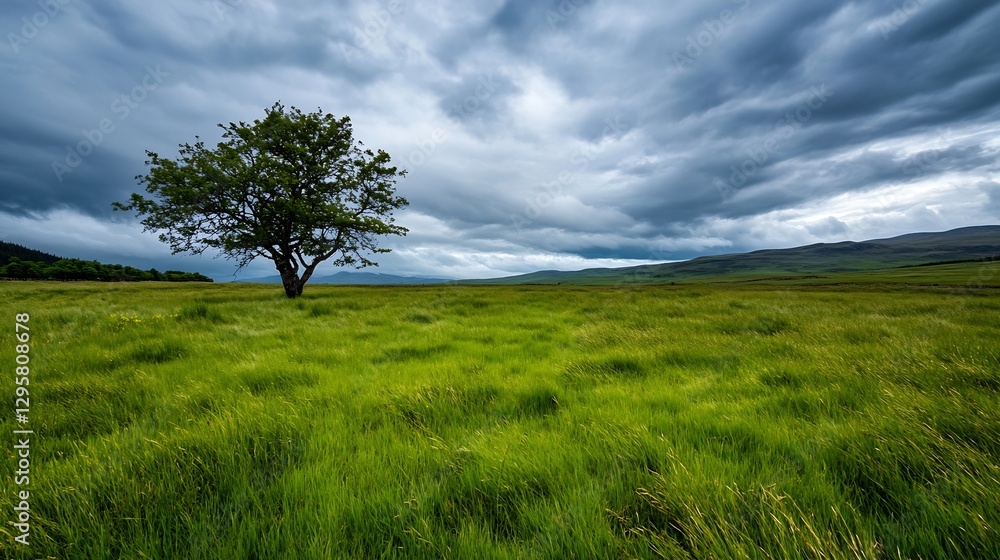 Poster lone tree standing in a grassy field beneath a dramatic cloudy sky : generative ai