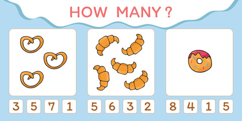 Fototapeta premium Child's play. A game for counting numbers. Numbers. cheerful math. puzzle. The development of the mogza. Games for children. Fun games. drawings of food at the game. vector. 