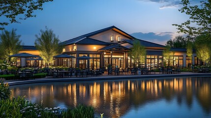 Obraz premium Modern restaurant by the serene lake at twilight, outdoor dining with illuminated ambiance