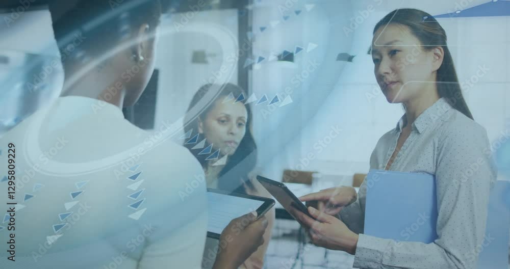 Poster discussing project, businesswomen using digital data processing animation in office