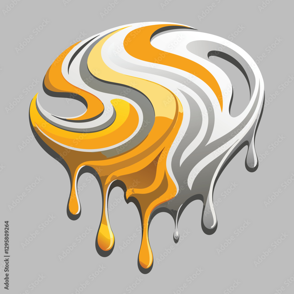 Poster modern design featuring swirling yellow and silver liquid shapes on a gray background creating a flu