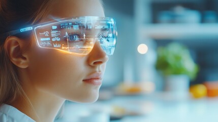 A woman assesses her health using a wearable AI device in a sunlit kitchen while preparing nutritious meals