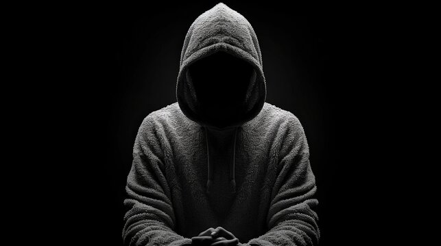 Hooded figure in shadowy surroundings with mysterious presence