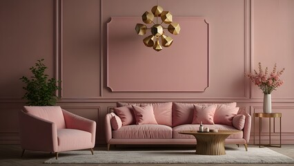 Living room interior wall mock up with pink sofa and home decor for valentine's day- 3D rendering