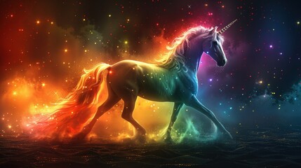 Fototapeta premium Radiant unicorn in vibrant fantasy nebula with colorful glowing aura