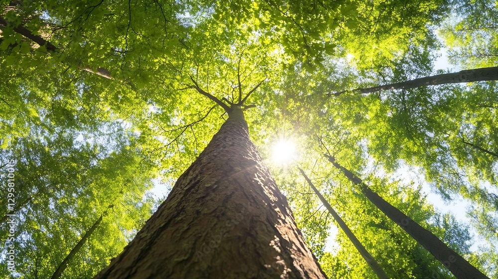 Poster majestic green trees in forest with bright sunlight filtering through leaves : generative ai