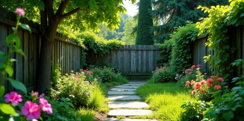 Fototapeta premium Secluded Garden Path with Stone Walkway, Lush Greenery, and Wooden Fence Enclosures