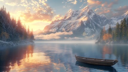 A breathtaking view of a crystal-clear mountain lake reflecting the towering snow-capped peaks under a soft golden sunrise. The mist gently rises from the water, while a small wooden boat drifts 