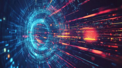 Fototapeta premium Futuristic Digital Background with Abstract Light Trails, Glowing Circles and Motion Blur in Vibrant Blue, Red and Orange Colors for Technology Concepts