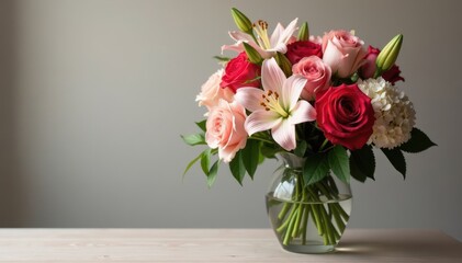 Fototapeta premium Elegant roses, lilies, and hydrangeas in a glass vase, macro, hydrangeas, design