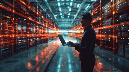Young asian male technician in data center with laptop amongst server racks