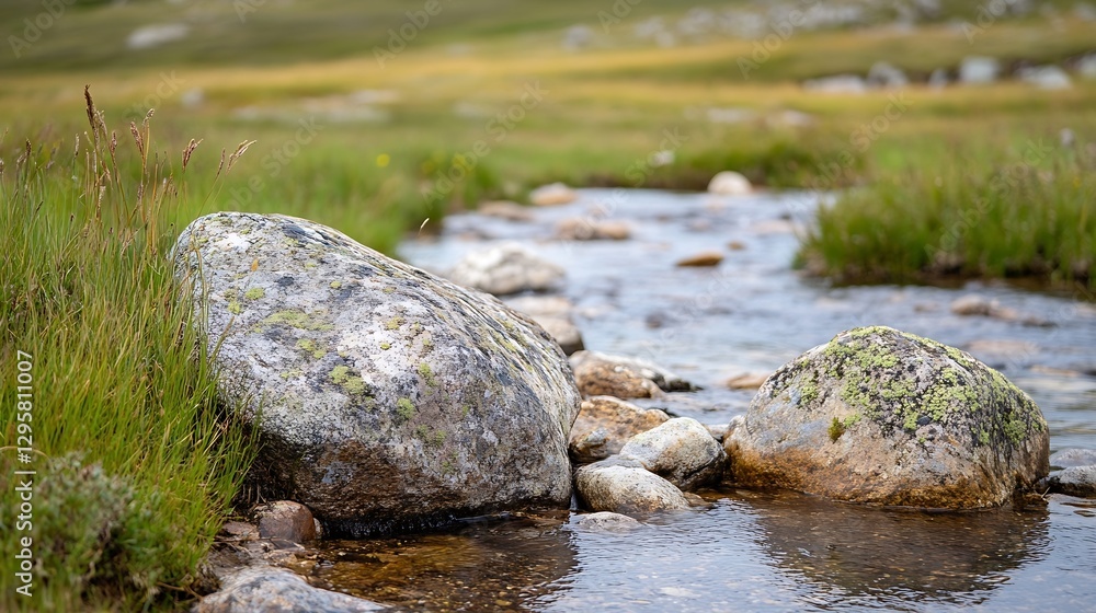 Poster tranquil stream flowing over large rocks in a natural landscape : generative ai