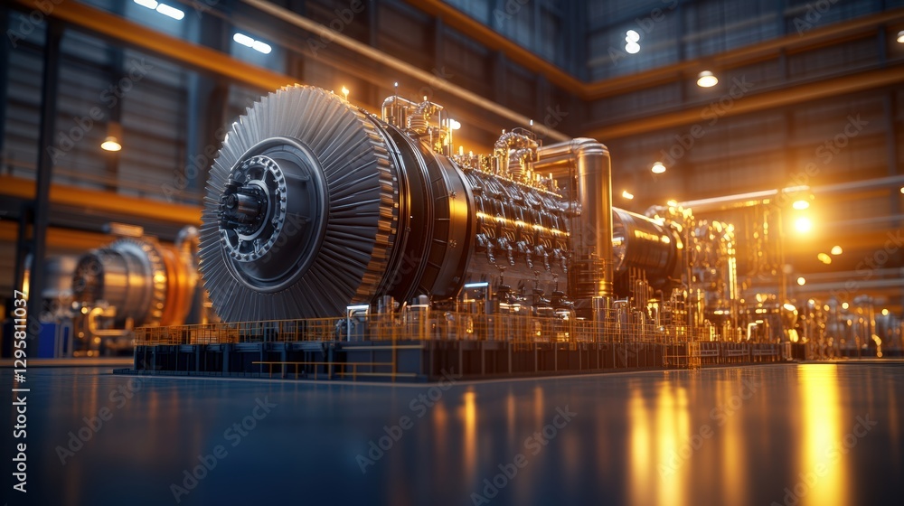 Poster detailed model of a large engine displayed in an industrial building environment with clear lighting