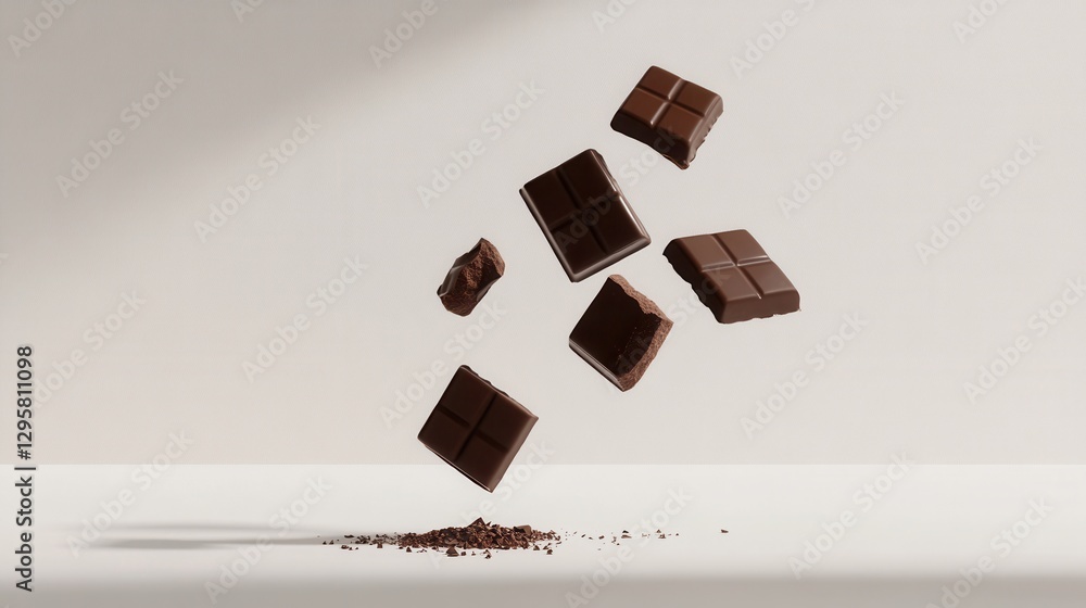 Aufkleber floating chocolate bars with cocoa powder on minimalist background capturing delicious indulgence an