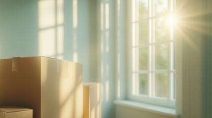 Fototapeta premium Sunlit boxes in empty room, moving, relocation, sunlight, unpacking, interior